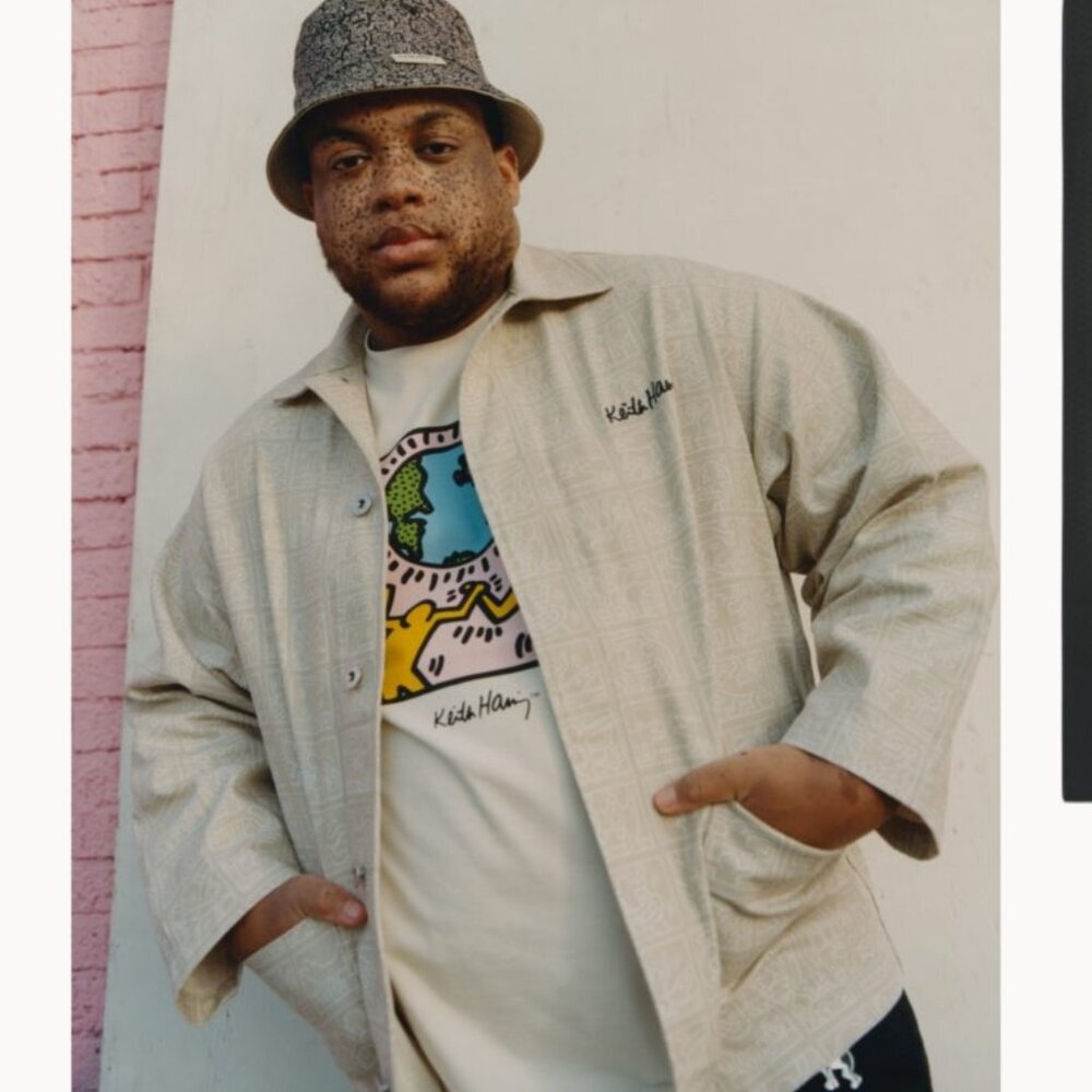 Keith Haring x H&M Denim Jacket Mens Medium Oversized Beige Button Up